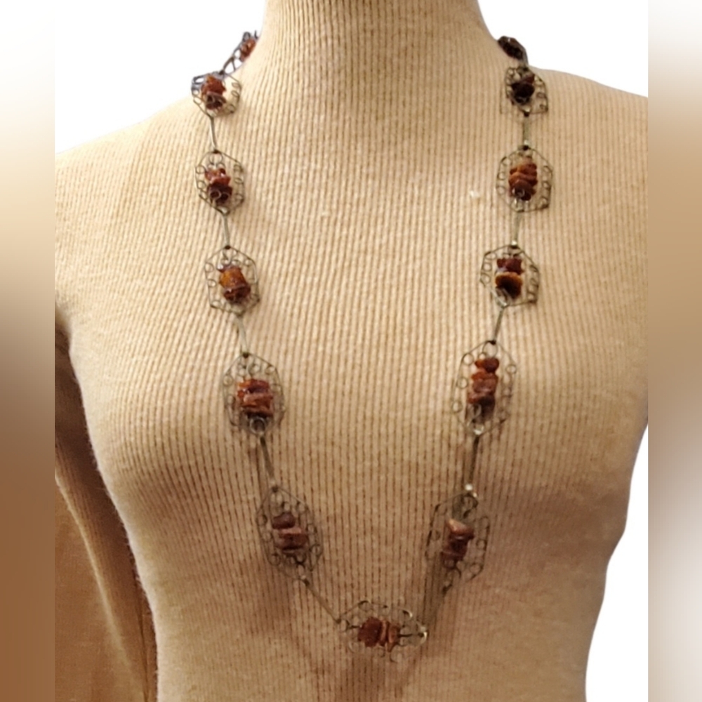 Antique Tribal Upcycled Raw Amber Nuggets Necklace with Earrings